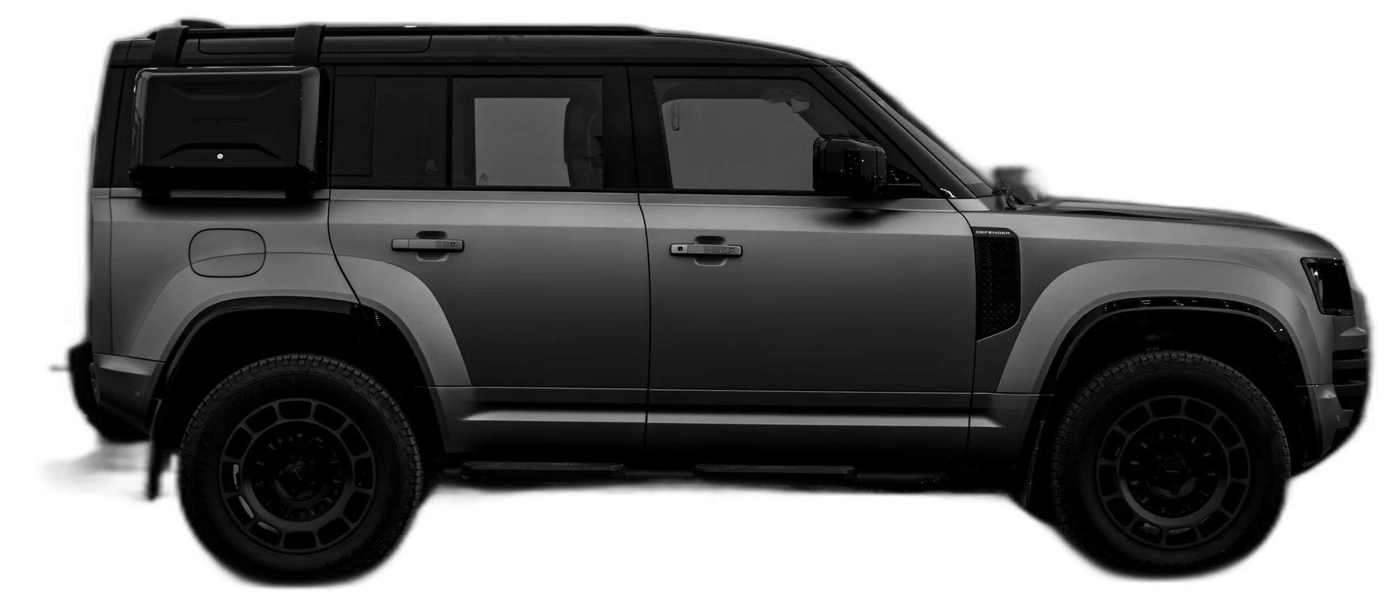 Side profile of a Land Rover Defender showing window tint darkness